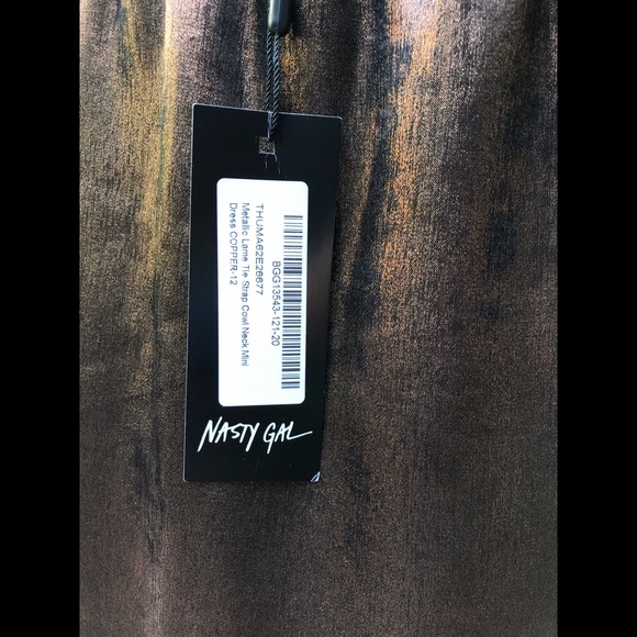 Nasty Gal Bronze Metallic Lamé Tie Strap Cowl Neck Mini Dress USA Size 8 - Picture 4 of 7
